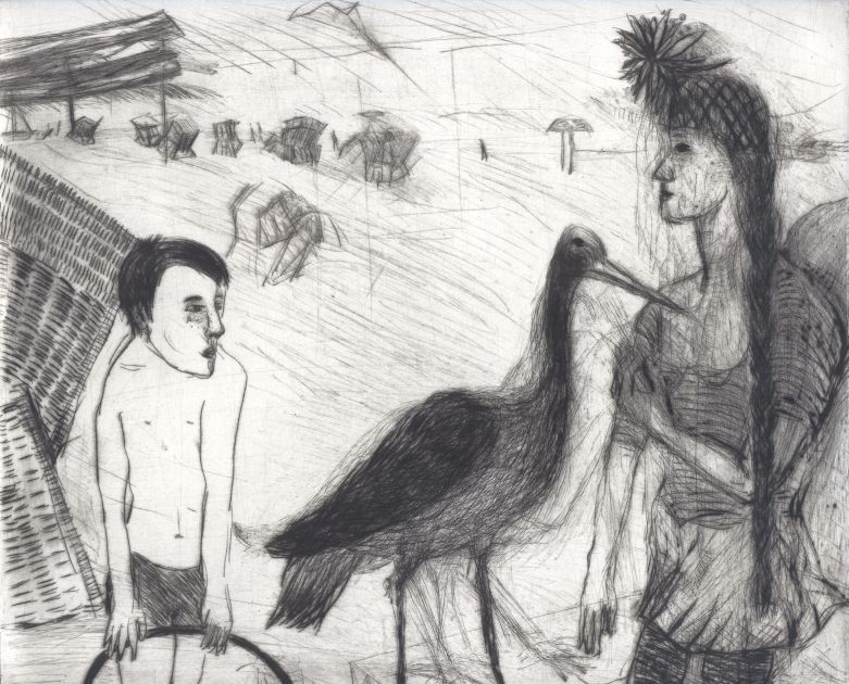 Zu sehen ist eine Kaltnadelradierung von 2007 mit dem Titel Am Strand. Sie zeigt links einen schüchternen Jungen mit Reifen und rechts eine selbstbewusste junge Frau mit langem Zopf, dazwischen einen storchartigen Vogel mit Schnabel zur Frau gerichtet, im Hintergrund Strandkörbe und ein Volleyballnetz.